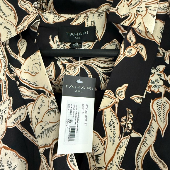 Tahari Black and Tan Flutter Tie Waist Midi Dress - Picture 2 of 4